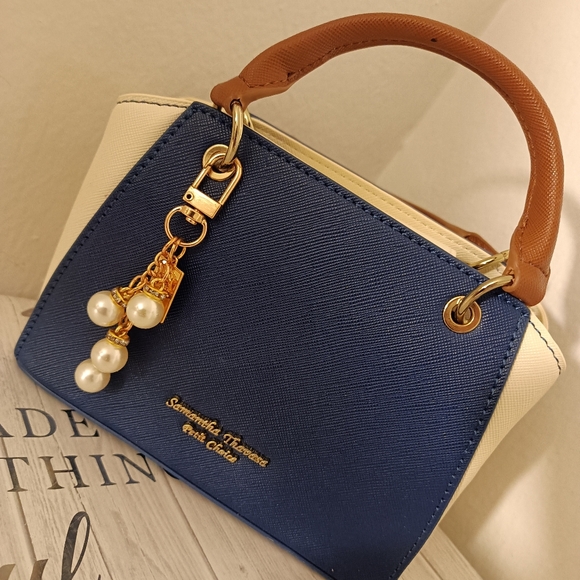 Samantha Thavasa Navy Blue Cream Mini Top-Handle Bag with Brown Handles - Picture 15 of 16